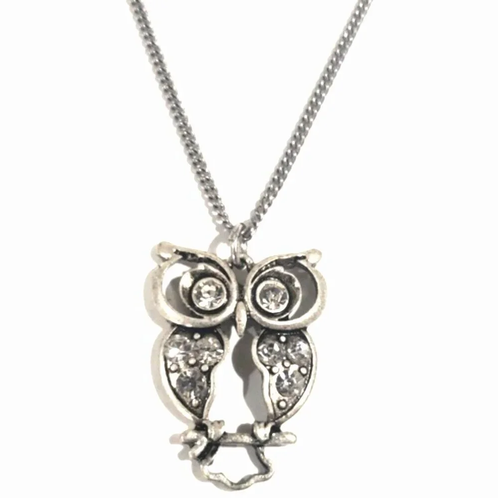 Elegant Silver Tone Shiny Crystal Owl Pendant Necklace - Women's Fashion Jewelry